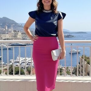 #A044  For Her NYC Royal Blue Faux Leather Top – Embellished Collar  Size M